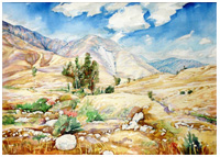 Watercolor of the Arrowhead foothills with the legendary Arrowhead visible on the mountain