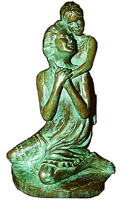 Bronze sculpture of a mother and daughter with a verdi gris fnish