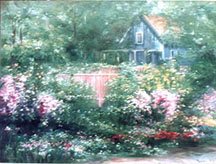 Oil Painting of a romantic cottage surrounded by a beautiful garden