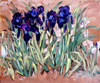 Oil Painting of garden iris growing in a garden