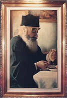 Oil painting of a Greek man squeezing a grapefruit for breakfast